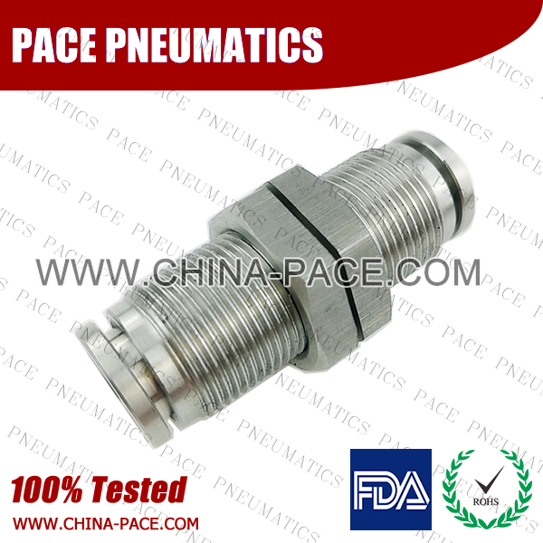 union bulkhead Stainless Steel Push-In Fittings, 316 stainless steel push to connect fittings, Air Fittings, one touch tube fittings, all metal push in fittings, Push to Connect Fittings, Pneumatic Fittings